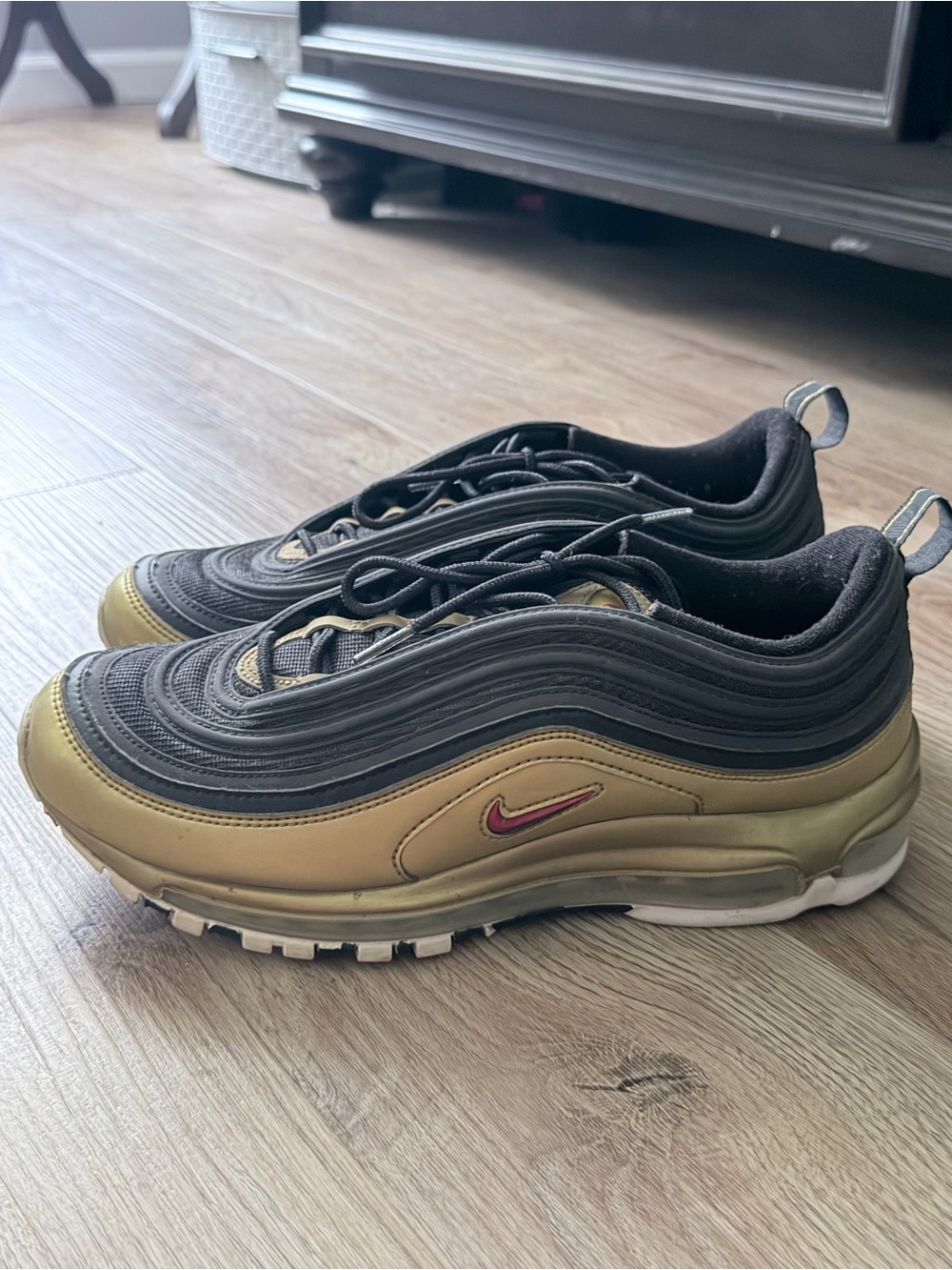 Nike Air Max 97 Sneakers - Black, Gold & Red Swoosh